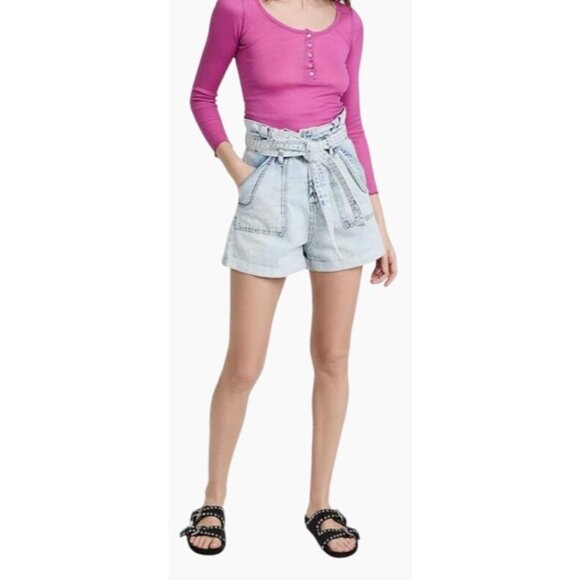 Blank NYC Pants - BLANK NYC High-Waist Light Blue Acid Wash Denim Paperbag Shorts Tie Belt Size 28